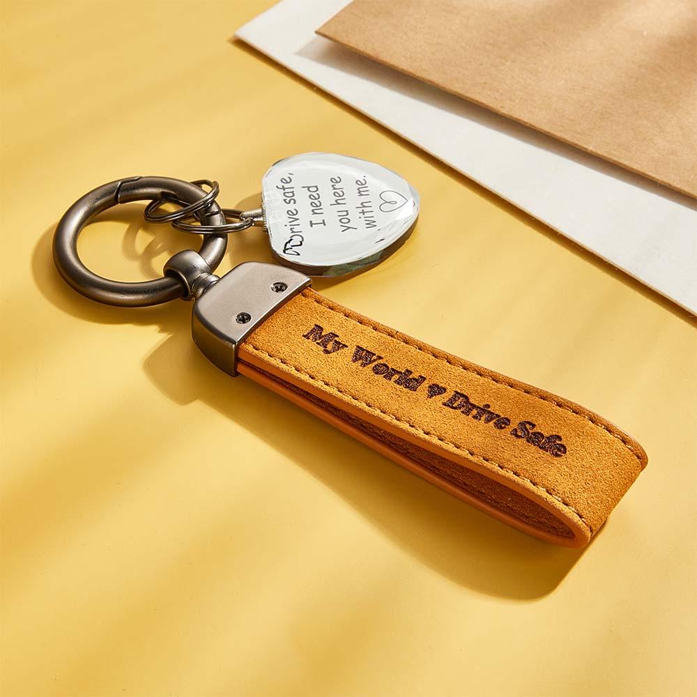 Drive Safe My Love Personalized Laser Engraved PU Leather Crystal Photo KeyChain