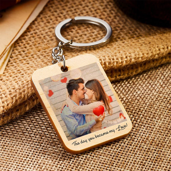 Custom Keychain, Personalized Photo and Date Wooden Key Ring Gift For Him