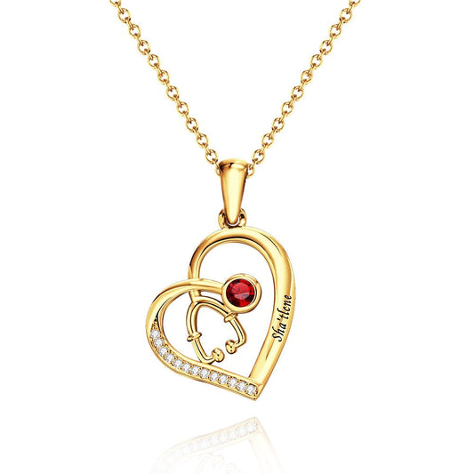 Stethoscope Birthstone Necklace Personalized Engraved Jewelry Nurse Gift