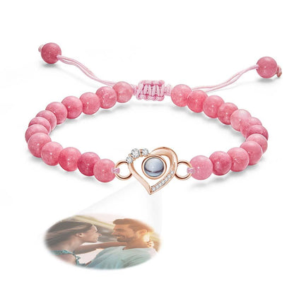 Personalized Photo Projection Beads Bracelet Heart-Shaped With Rhinestones Special Gift For Her
