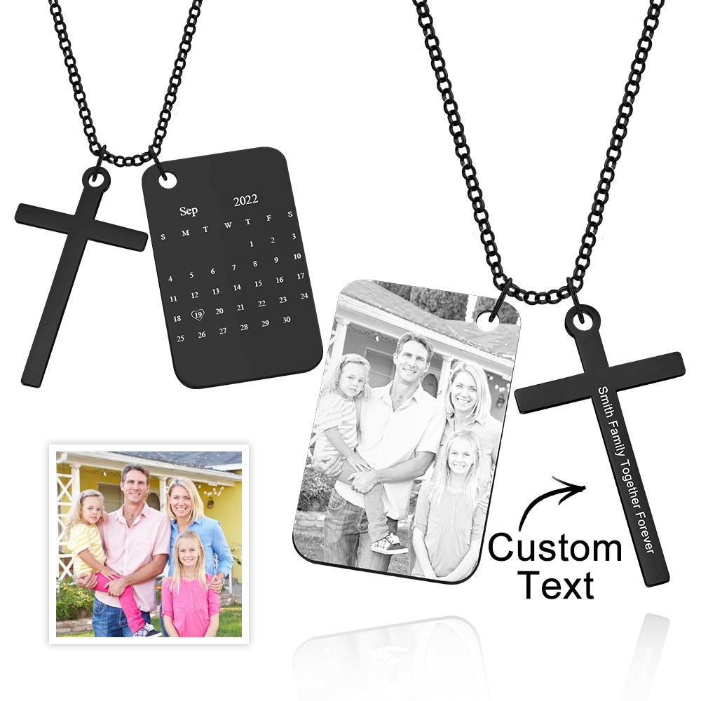 Personalized Photo Calendar Engraved Stainless Steel Cross Necklace Custom Message Pendant Father's Day Gift