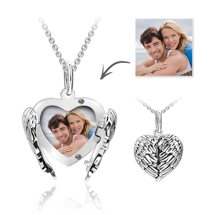 Cutsom Angel Wings Heart Locket Necklace	with Engraving