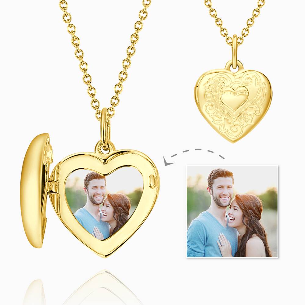 Embossed Printing Heart Photo Locket Necklace With Engraving 14k Gold Plated