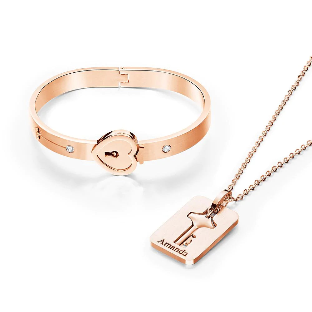 Custom Engraved Concentric Lock Bracelet Key Necklace Couple Gifts