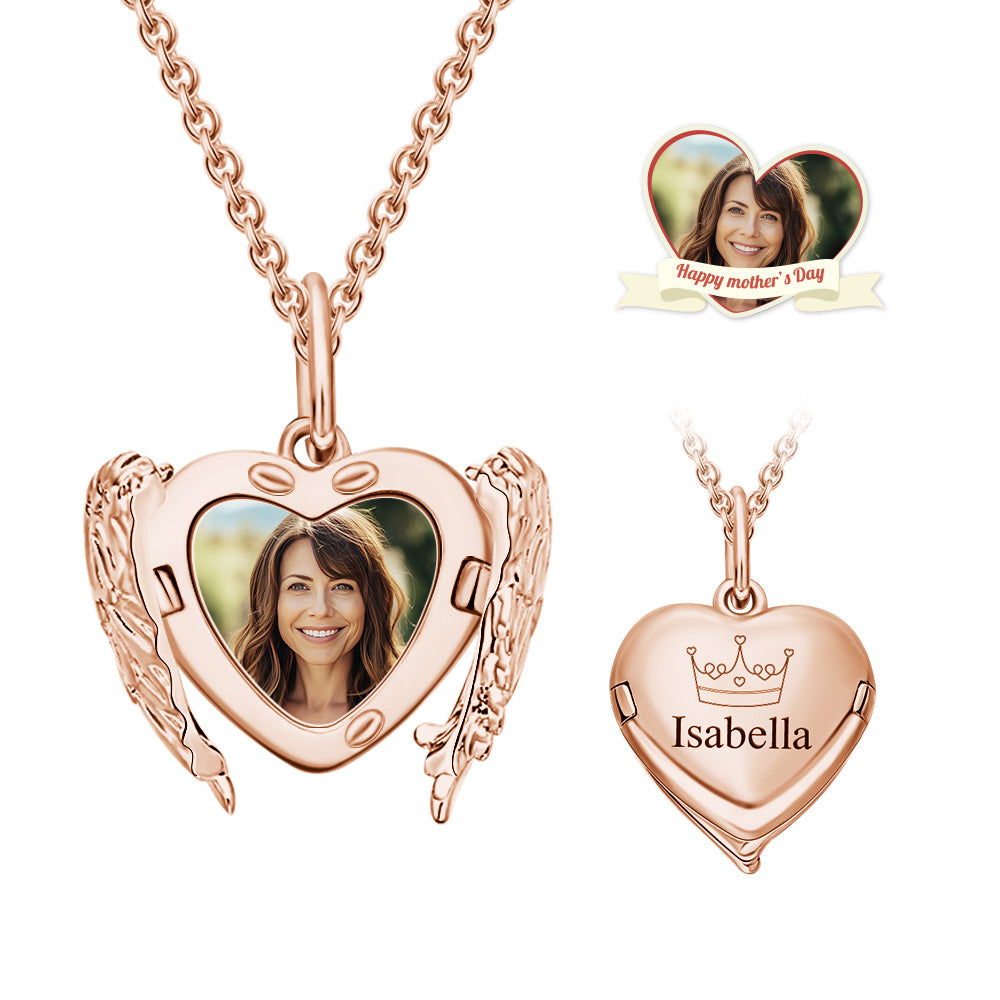 Custom Engraved Locket Necklace Angel Wings Pattern Gift for Her