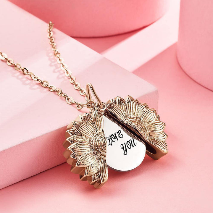 Custom Engraved Text Sunflower Locket Necklace