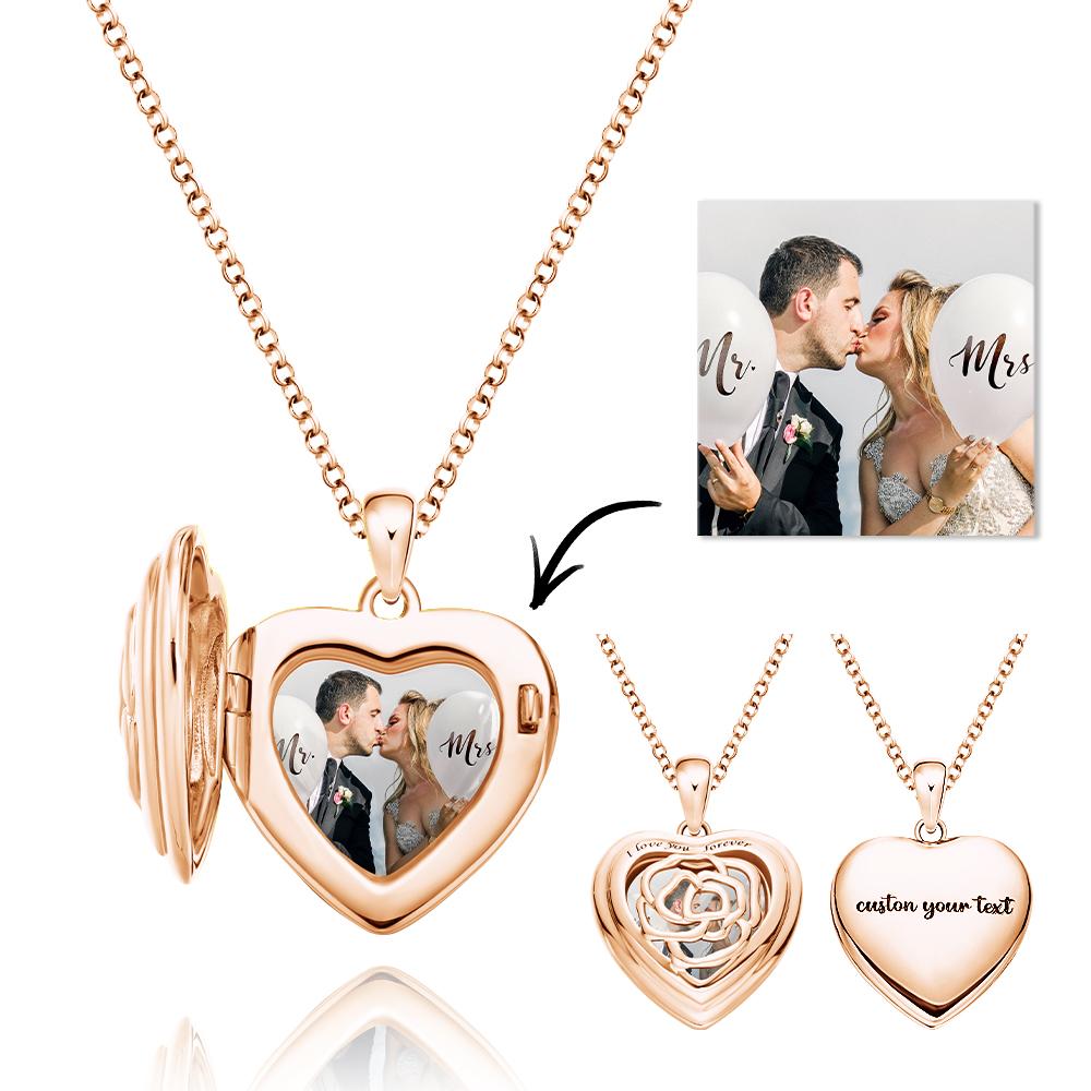Custom Photo Engraved Necklace Heart Locket Rose Necklace Gift for Women