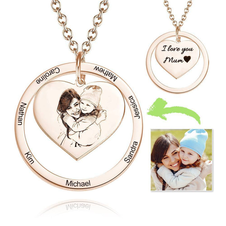 Photo Engraved Necklace Heart In Round Pendant, Family Necklace Rose Gold Plated - Rose Gold