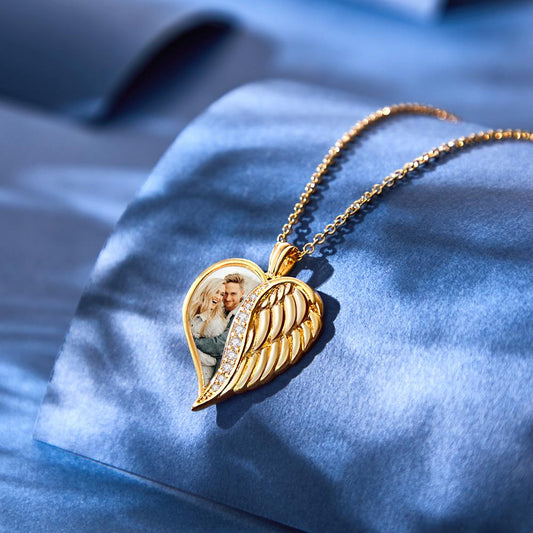 Custom Photo Engraved Necklace Angel Wings Heart Gifts