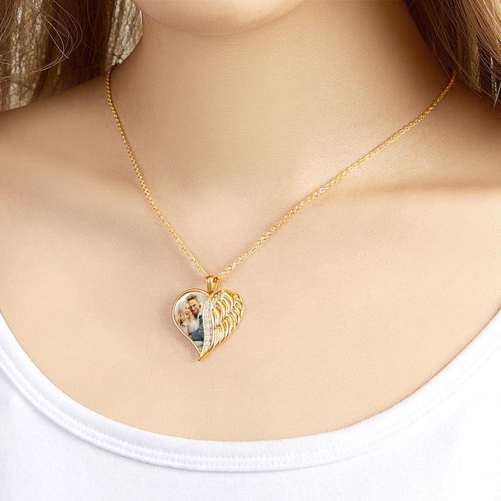 Custom Photo Engraved Necklace Angel Wings Heart Gifts