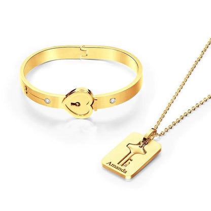 Custom Engraved Concentric Lock Bracelet Key Necklace Couple Gifts