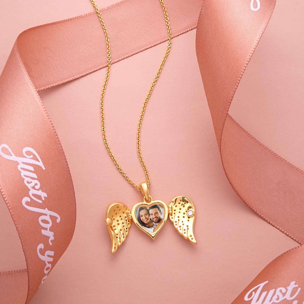 Custom Photo Engraved Necklace Angel Wings Delicate Diamond Gifts