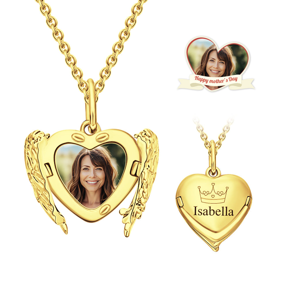 Custom Engraved Locket Necklace Angel Wings Pattern Gift for Her