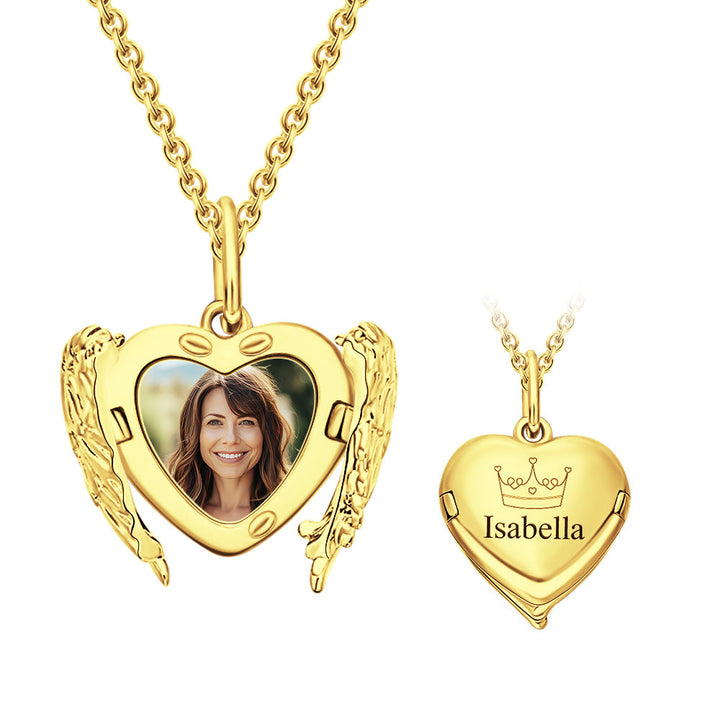 Custom Engraved Locket Necklace Angel Wings Pattern Gift for Her