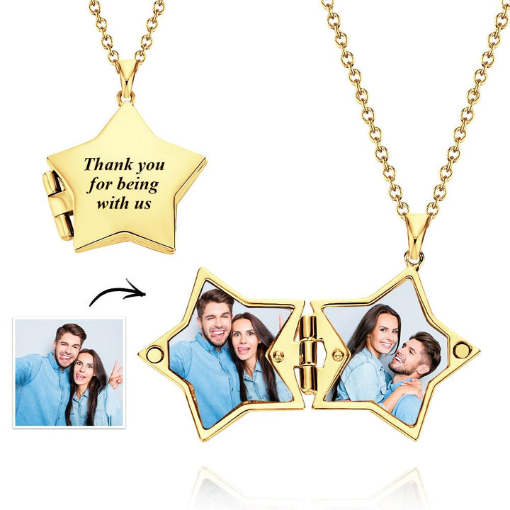 Star Locket Photo Necklace Personalized Engraved Memorial Picture Pendant Gift For Her