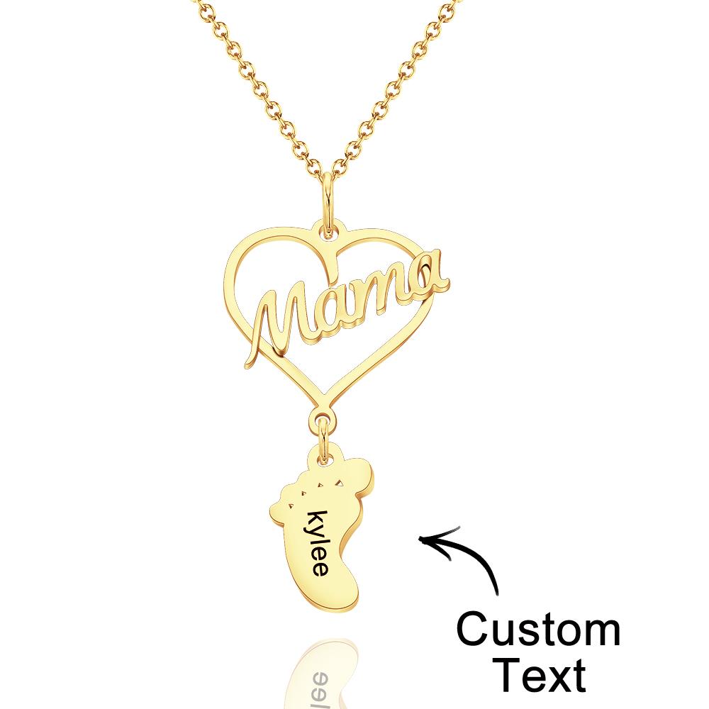 Custom Engraved Name Necklace Love MaMa Heart Baby Feet Charm