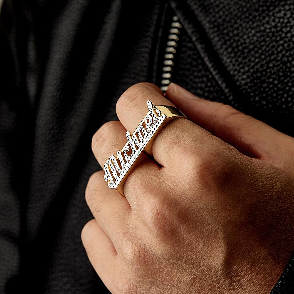 Custom Two Finger Name Ring Personalised Men's Double Band Ring Gift for Him