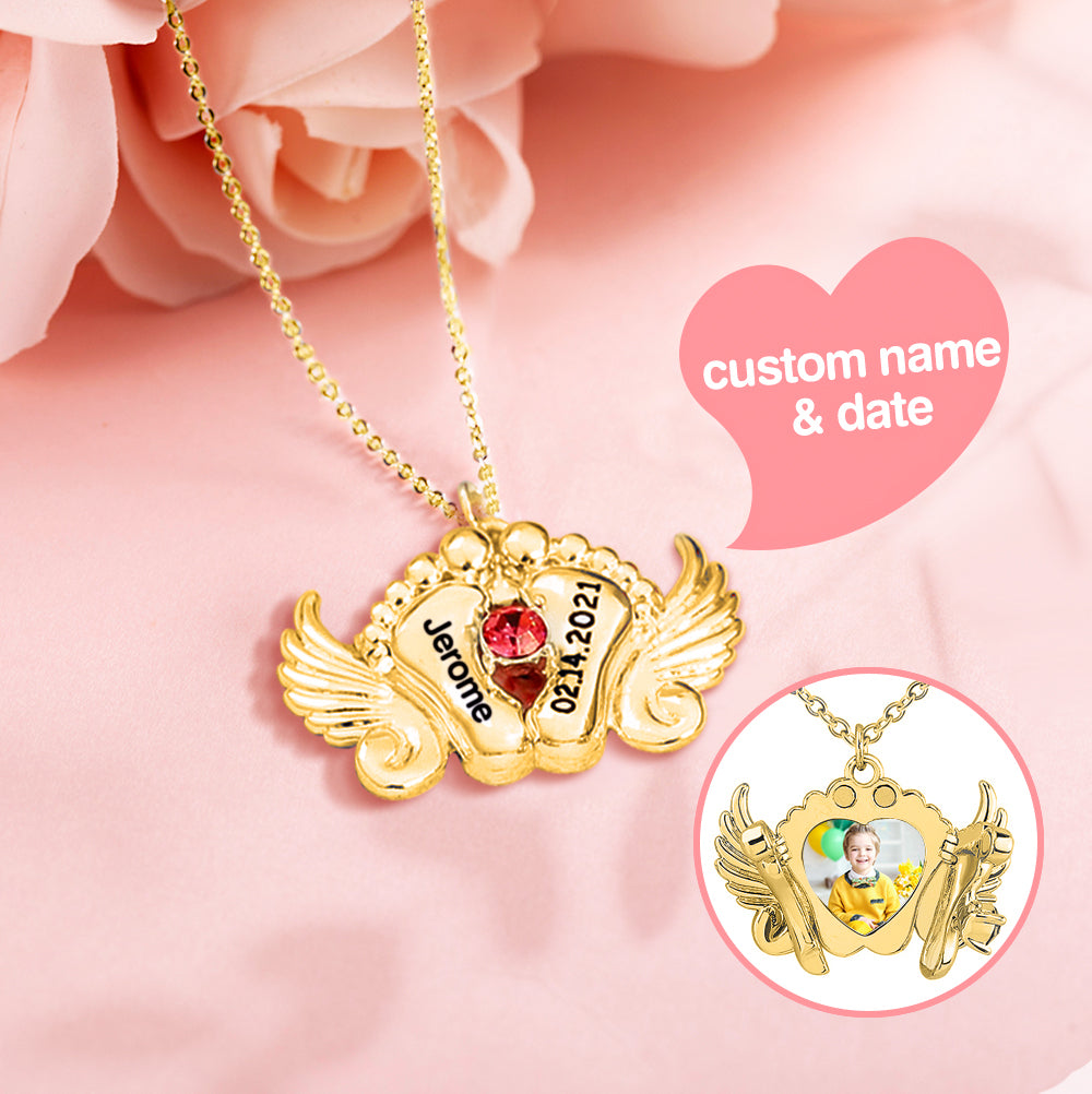 Personalized Angel Feet Locket Birthstone Necklace - 3 Colors