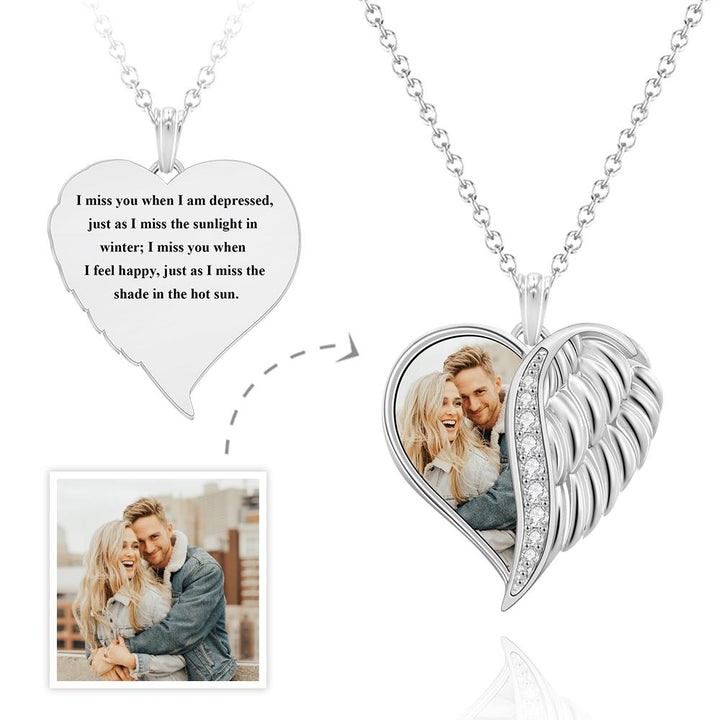 Custom Photo Engraved Necklace Angel Wings Heart Gifts