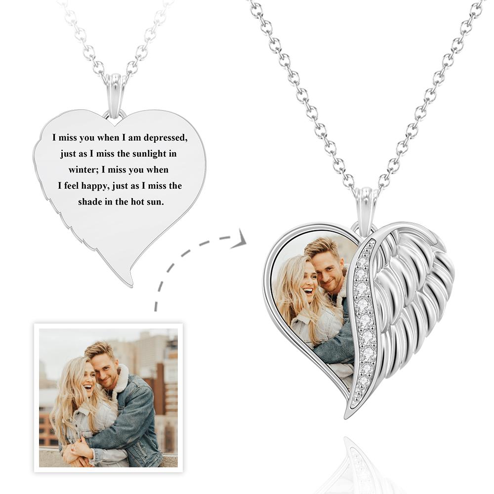 Custom Angel Wings Heart Necklace with Photo and Text