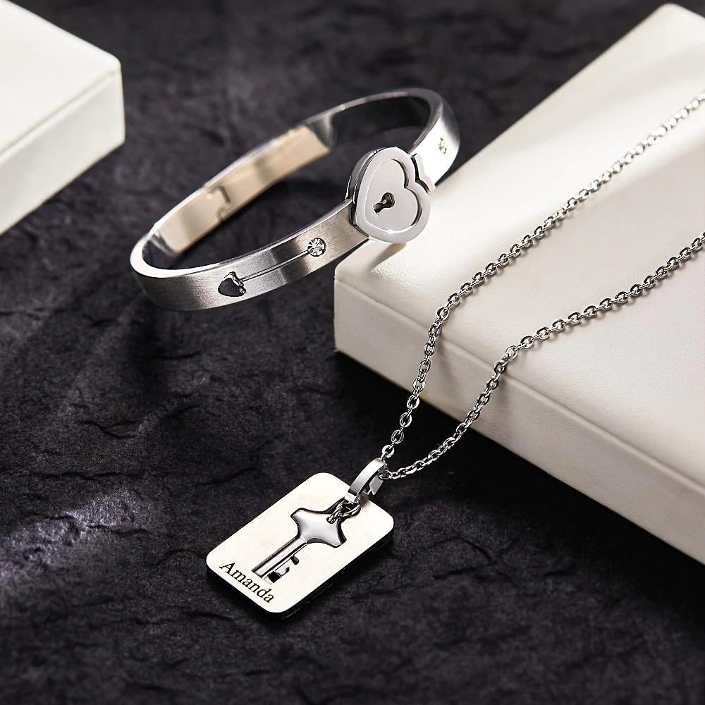 Custom Engraved Concentric Lock Bracelet Key Necklace Couple Gifts