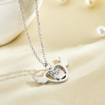 Custom Photo Engraved Necklace Angel Heart Shaped Wings Necklace Gift for Pet Lovers