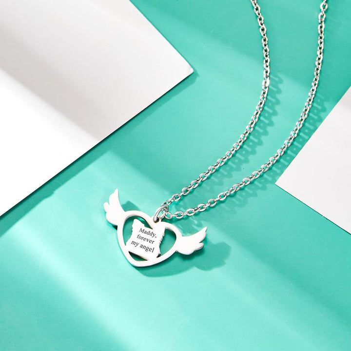 Custom Photo Engraved Necklace Angel Heart Shaped Wings Necklace Gift for Pet Lovers