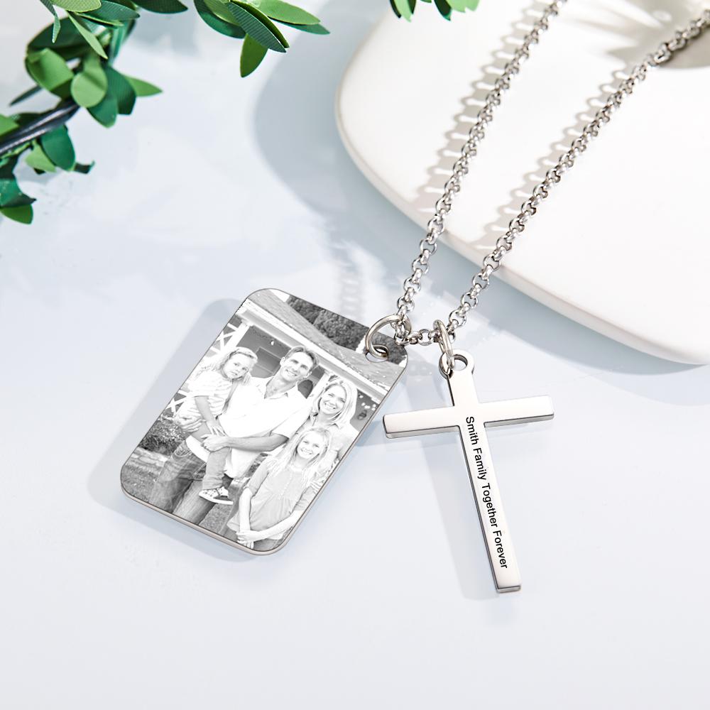 Personalized Photo Calendar Engraved Stainless Steel Cross Necklace Custom Message Pendant Father's Day Gift