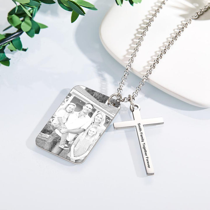 Personalized Photo Calendar Engraved Stainless Steel Cross Necklace Custom Message Pendant Father's Day Gift
