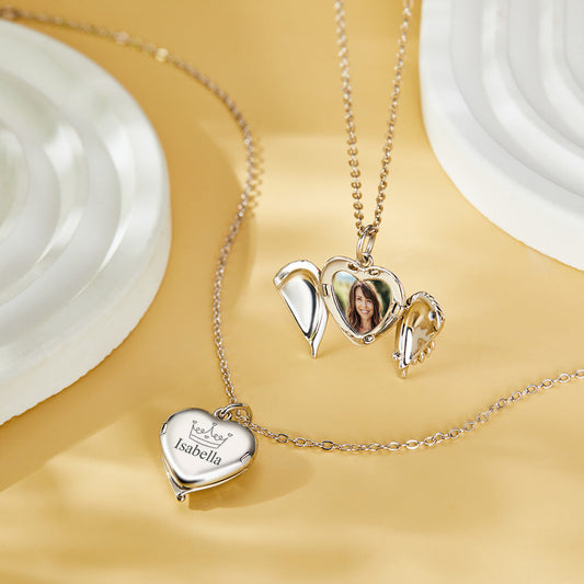 Custom Engraved Locket Necklace Angel Wings Pattern Gift for Her