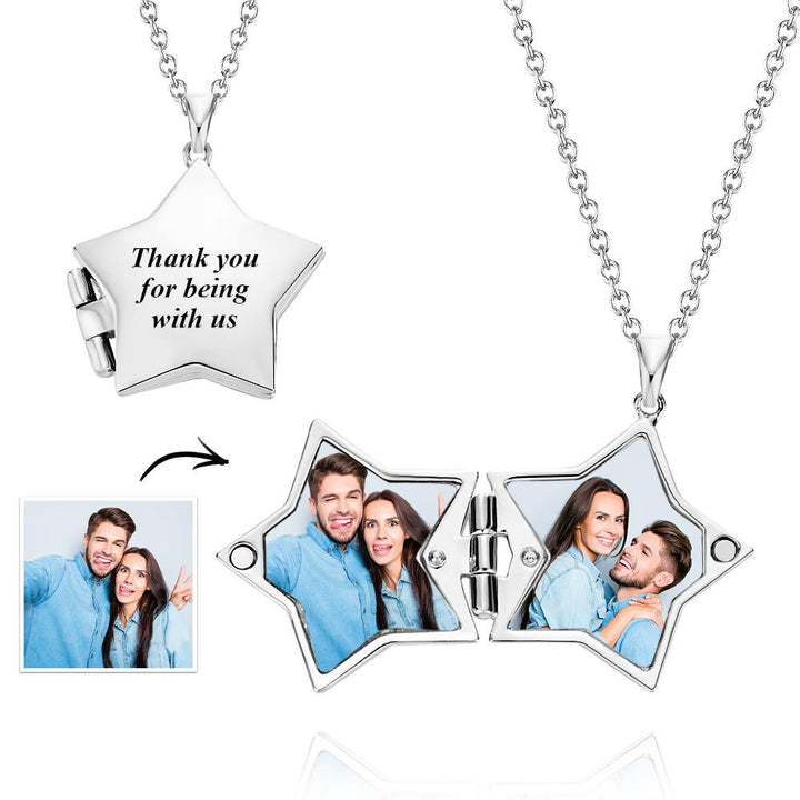 Star Locket Photo Necklace Personalized Engraved Memorial Picture Pendant Gift For Her