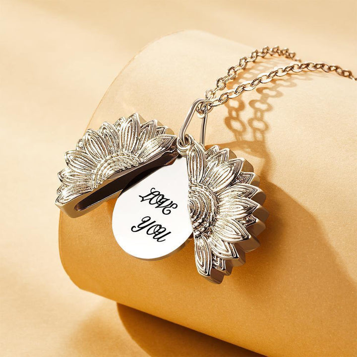 Custom Engraved Text Sunflower Locket Necklace