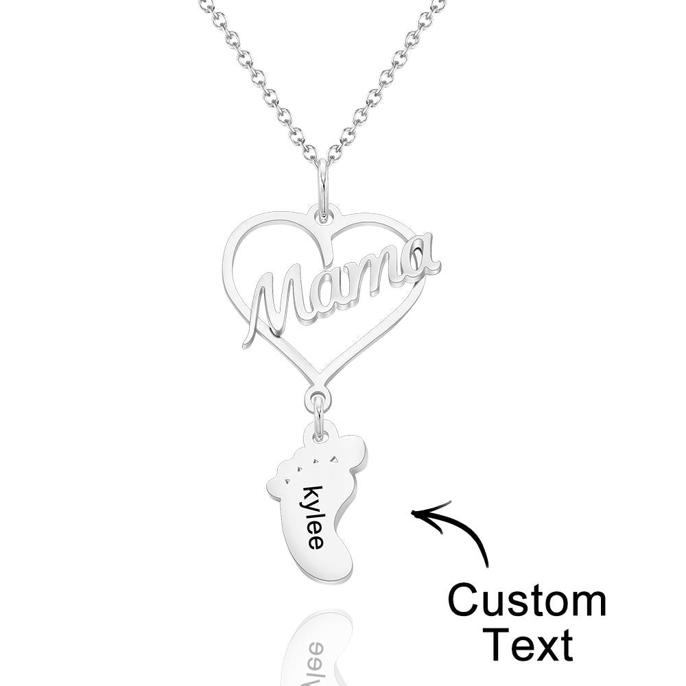 Custom Engraved Name Necklace Love MaMa Heart Baby Feet Charm