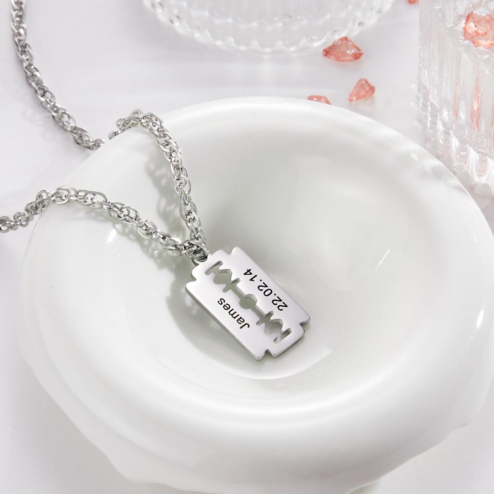 Custom Engraved Necklace Razor Blade Pendant Men Necklace Fashion Gift for Boyfriend