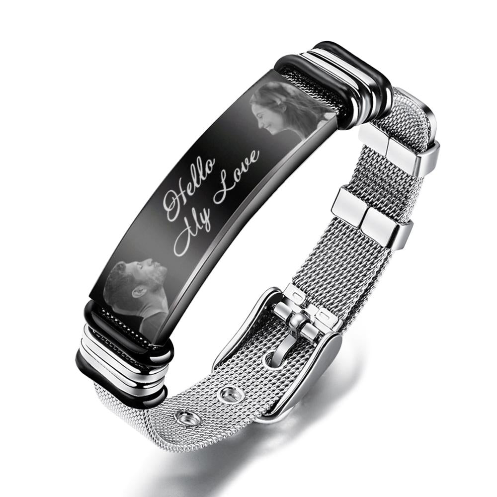 Custom Engraved Mens Bracelet with Two Pictures and Text