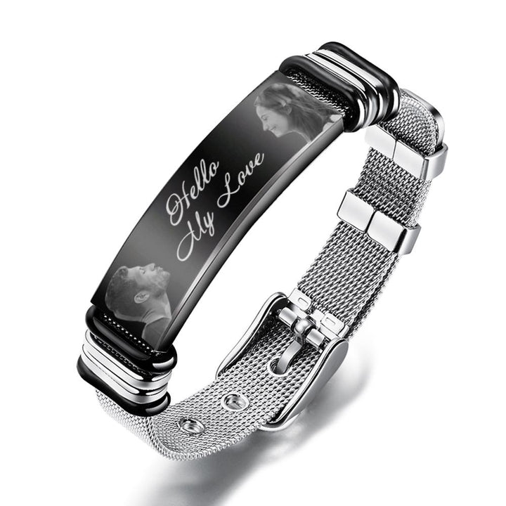 Custom Engraved Mens Bracelet with Two Pictures and Text