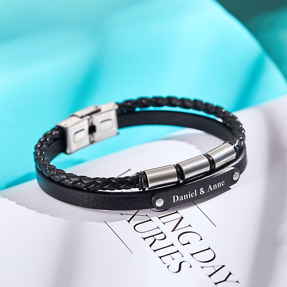 Custom Engraved Multy Layer Retro Style Men's Leather Bracelet