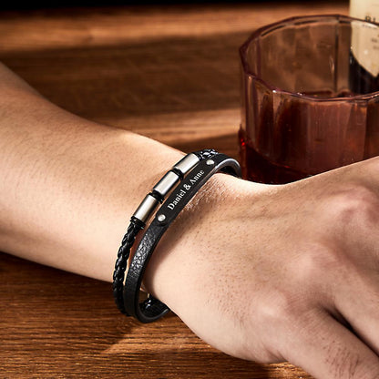 Custom Engraved Multy Layer Retro Style Men's Leather Bracelet