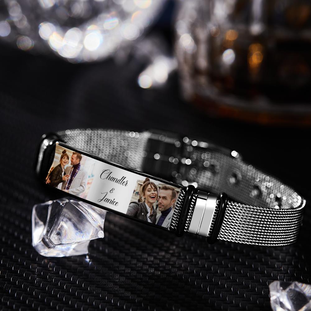 Custom Stainless Steel Mens Bracelet With Two Photo And Engraved Words Best Gifts For Lovers On Valentine's Day