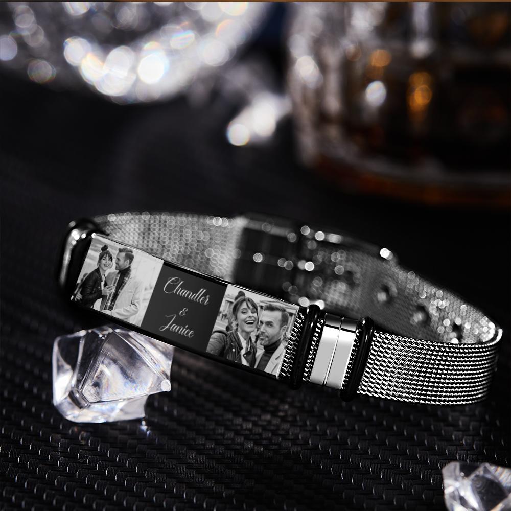 Custom Stainless Steel Mens Bracelet With Two Photo And Engraved Words Best Gifts For Lovers On Valentine's Day