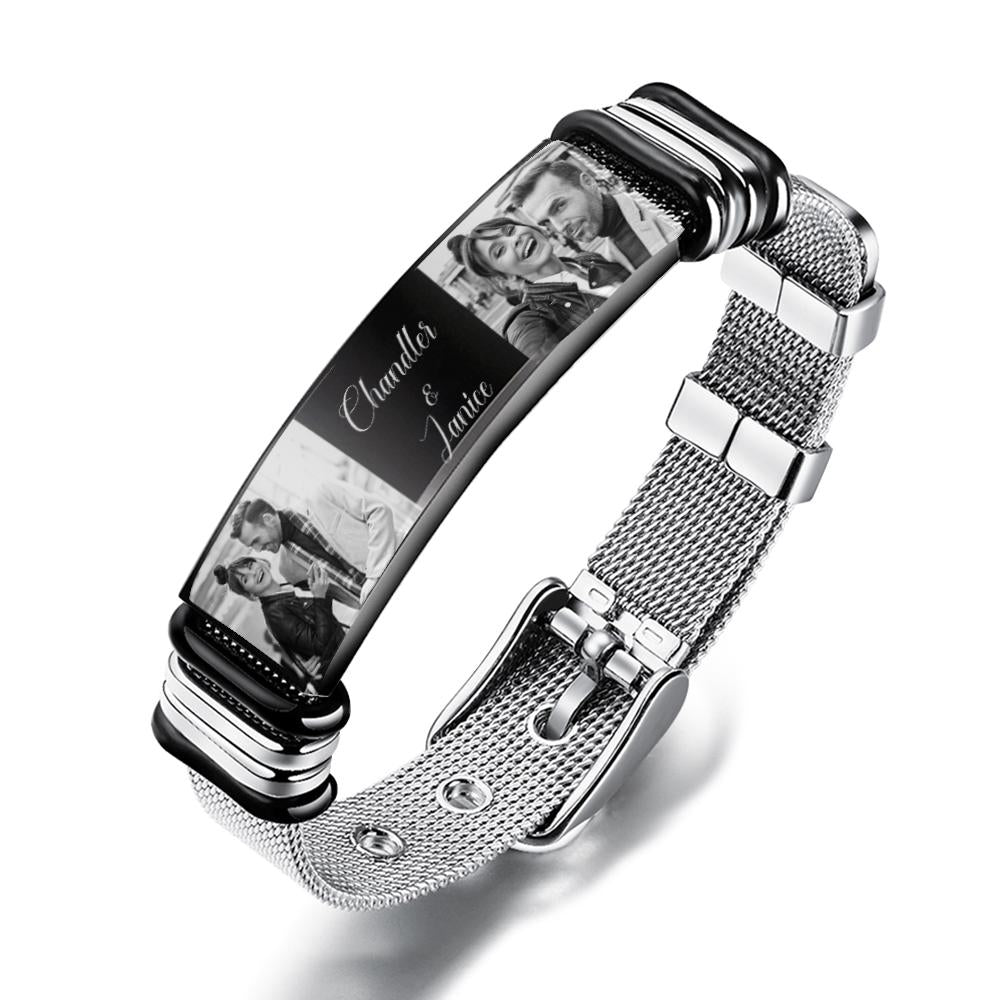 Custom Stainless Steel Mens Bracelet With Two Photo And Engraved Words Best Gifts For Lovers On Valentine's Day