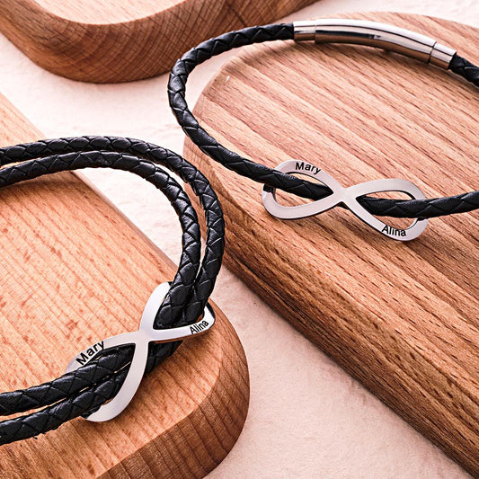 Engraved Infinity Sign Bracelet Set Personalized Leather Bracelet For Couples