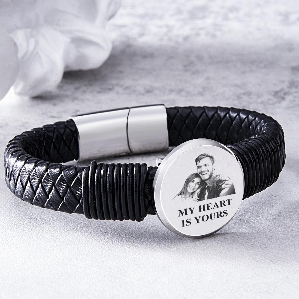 Personalized Photo Leather Wide Bracelet Engraved Unique Bracelet Gifts For Him