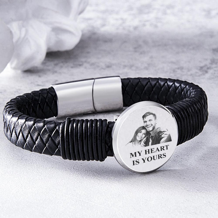 Personalized Photo Leather Wide Bracelet Engraved Unique Bracelet Gifts For Him