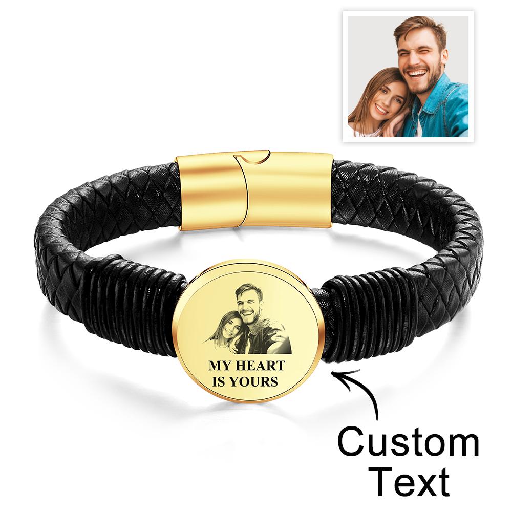 Personalized Photo Leather Wide Bracelet Engraved Unique Bracelet Gifts For Him