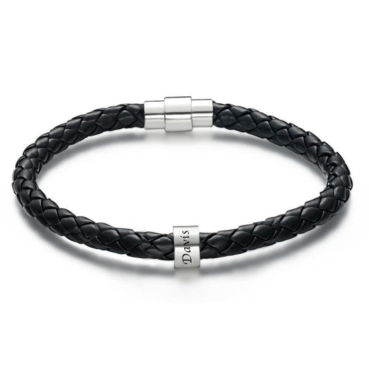 Men's Leather Bracelet Custom Engraved Bracelet Black Leather Beads Bracelet Small Custom Bead for Him 1-6 Charms