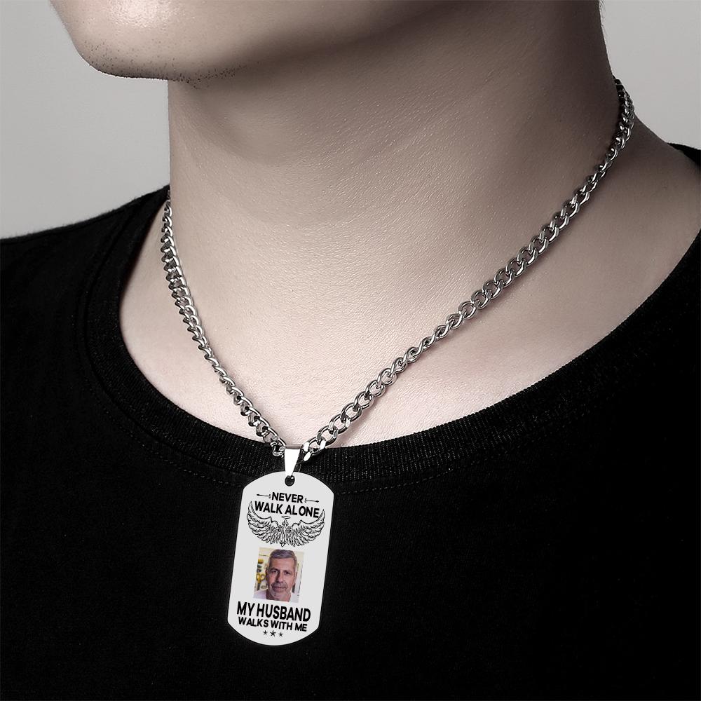 Custom Photo Necklace NEVER WALK ALONE Engrave Tag Necklace Stainless Steel Commemorative Gift