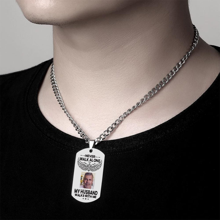 Custom Photo Necklace NEVER WALK ALONE Engrave Tag Necklace Stainless Steel Commemorative Gift