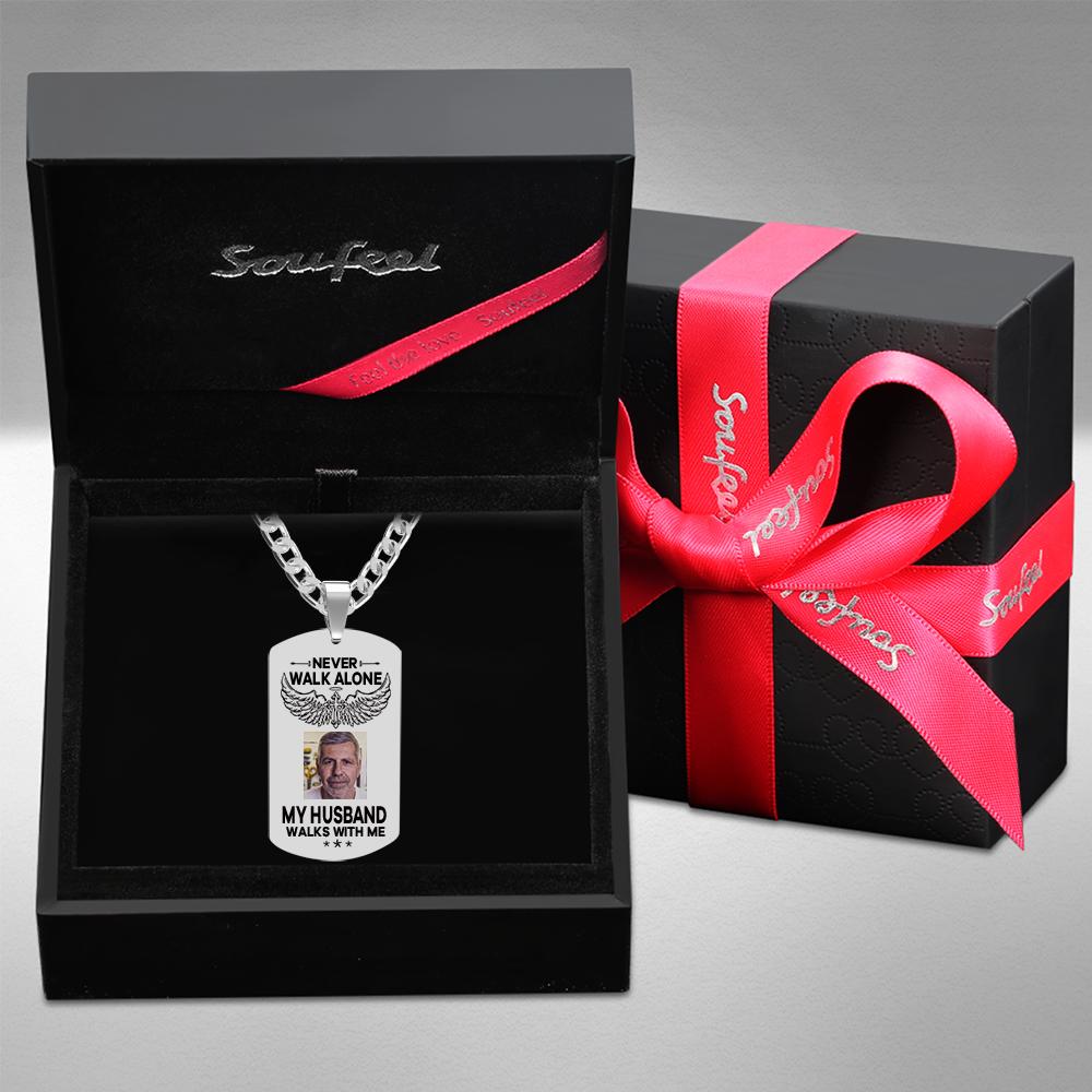 Custom Photo Necklace NEVER WALK ALONE Engrave Tag Necklace Stainless Steel Commemorative Gift