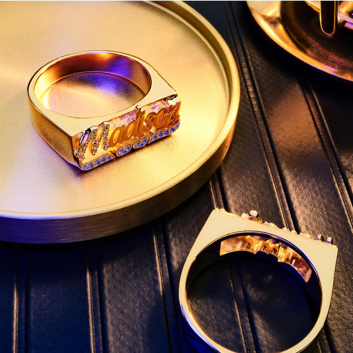 Personalised Hip Hop Name Ring With Double Hearts Initial Ring Jewellery Gift for Men Women